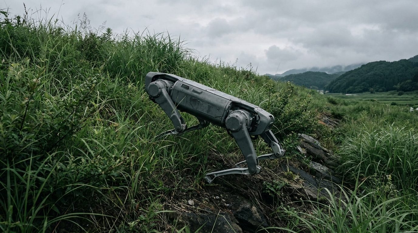 草の生えた斜面を登る四足歩行ロボットのイメージ
