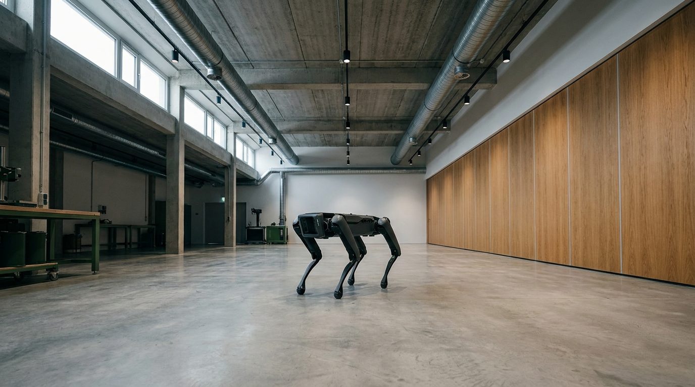 コンクリートの床と木の壁があるラボに立つ四足歩行ロボットのイメージ