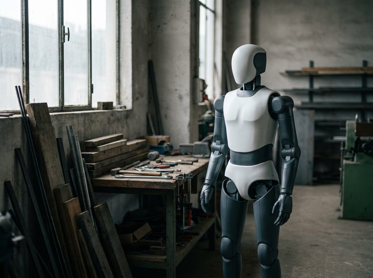 木材と工具が置かれた作業場に立つヒューマノイドのイメージ