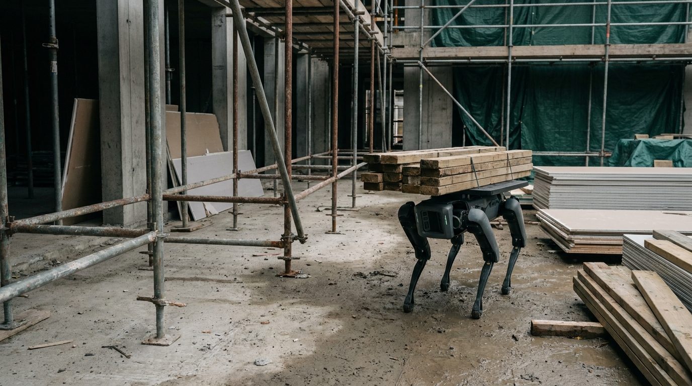 建設現場で木材を背負って運ぶ四足歩行ロボットのイメージ