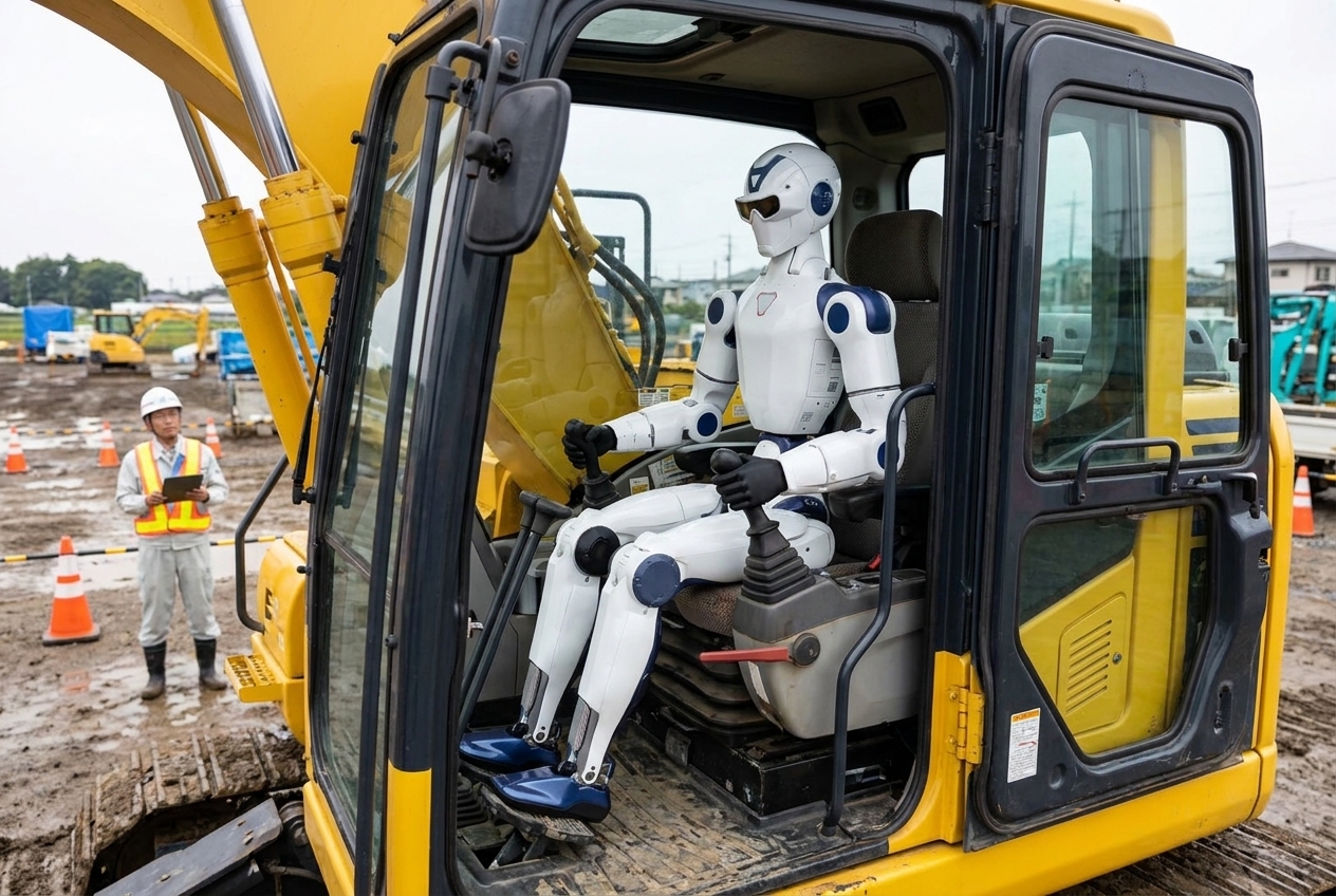 油圧ショベルの運転席に座るヒューマノイドロボット（イメージ）