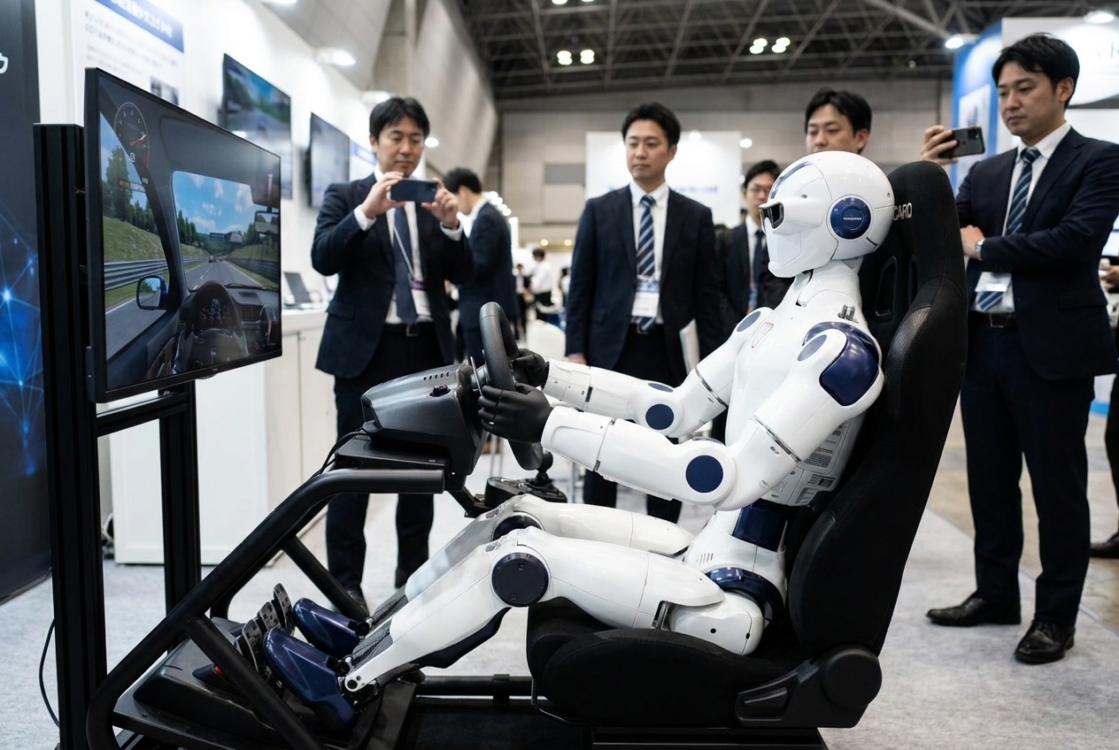 ドライビングシミュレータのハンドルを握るヒューマノイドロボット（イメージ）