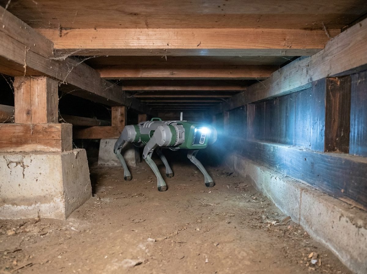 木造住宅の床下をライトで照らす四足歩行ロボットのイメージ